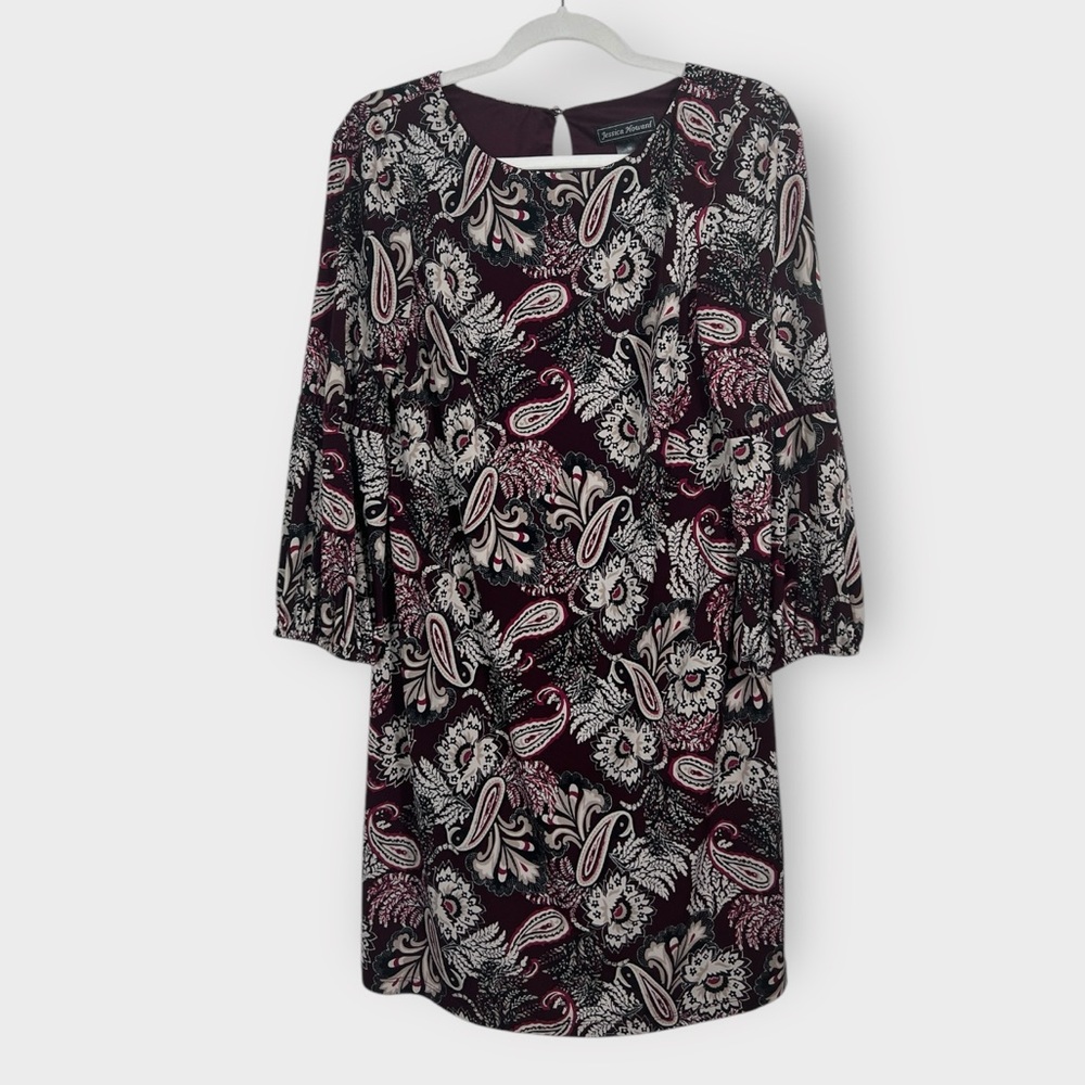 Jessica Howard Blouse Sleeve dress in burgundy, black and ivory sz10